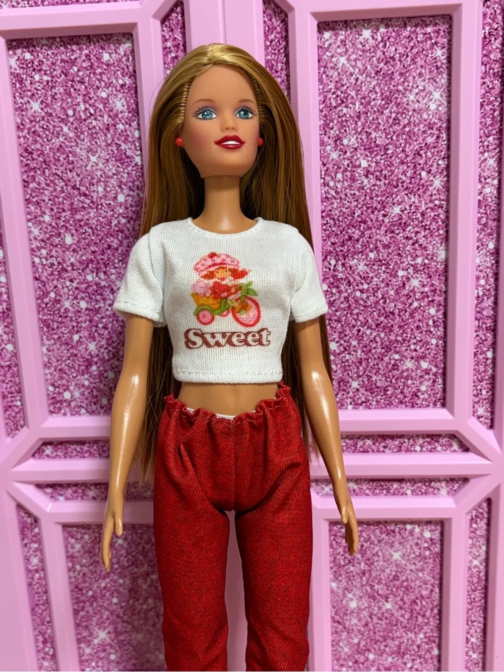 Barbie White Crop Top with Pink & Orange Graphic and Red Pants